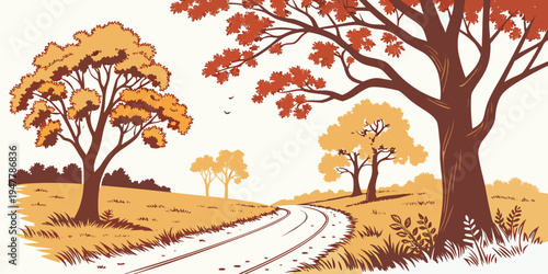 A dirt road winding through a rural landscape with trees Vector