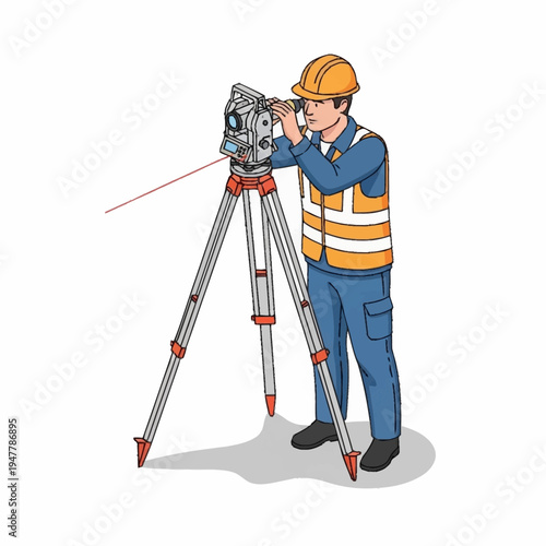Illustration of a surveyor using a theodolite on a tripod to measure angles and distances.