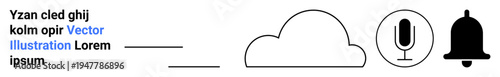 Cloud computing, online storage, voice technology, notifications, digital alerts, data streaming. A cloud, microphone and notification bell alongside placeholder text. Cloud computing and voice