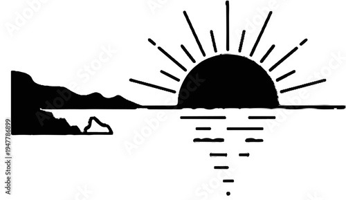 Stylized sunrise over a calm sea with coastal landmass on the left