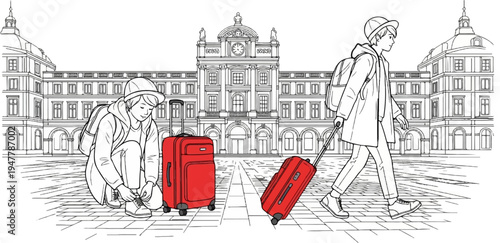 Two young travelers with suitcases in front of historic buildings