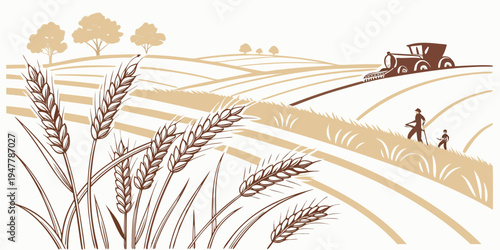 A tractor driving through a field of wheat Vector