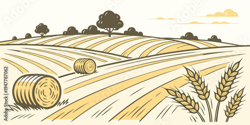A field with hay bales and trees in the distance Vector