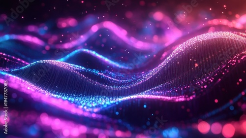 Glowing neon particle waves and flowing wireframe ridges in vibrant pink and blue, sparkling bokeh and ethereal futuristic motion conveying calm energy