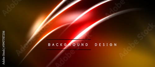 Abstract background features vibrant red lines over golden hues. Dark borders frame design, creating dramatic visual impact.