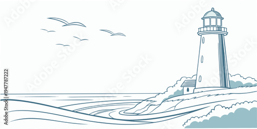 A blue lighthouse on a rocky coastline with waves Vector