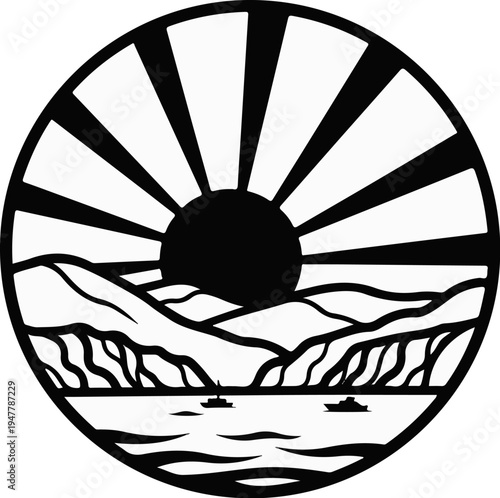 Stylized sunrise over mountains and a body of water with boats