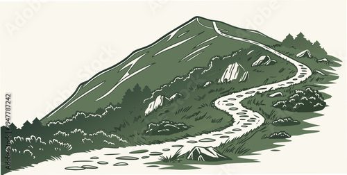 A green mountain with a winding road going up Vector