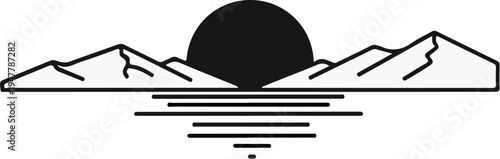 Stylized sunrise over mountains reflected in water