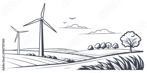Wind turbines in a rural landscape with trees and grass Vector