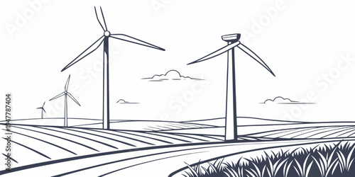 Wind turbines in a field with birds flying overhead Vector