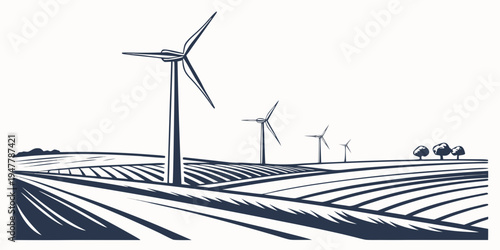 Wind turbines standing in a field with rows of crops Vector