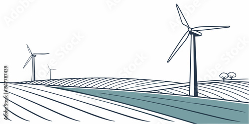 Wind turbines on a field with lines indicating motion Vector
