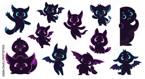 A vibrant collection of cute fantasy creatures and charming monster bats, presented as neon silhouette icons. Ideal for game elements, spooky Halloween themes, or whimsical vector designs