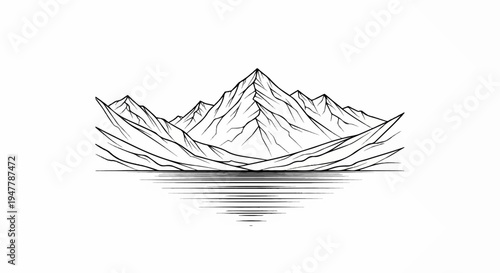 Minimalist ink drawing of jagged mountain peaks reflected in calm water