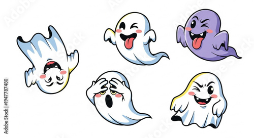 A charming set of six playful cartoon ghosts, each displaying unique and funny expressions, perfect for creating a friendly spooky atmosphere for Halloween and festive designs