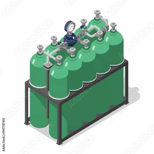 Isometric illustration of a rack of green gas cylinders with pressure gauges and connecting pipes.