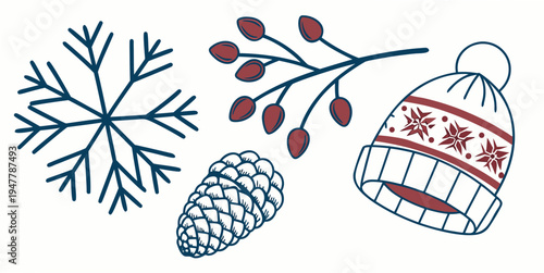 Winter hat and snowflake with pinecone and berries Vector