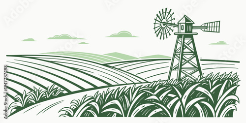 A green windmill standing in a field of crops Vector