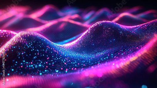 Mesmerizing neon particle waves and glowing mesh forming a dreamlike futuristic undulating landscape