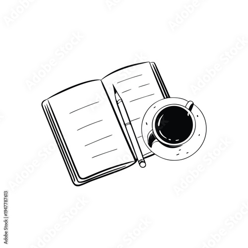Black and white illustration of an open notebook with a pencil and a cup of coffee in hand drawn style vector art