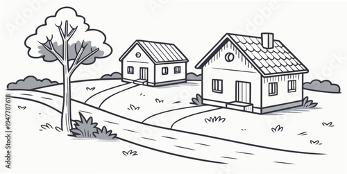 A black and white drawing of two houses and a tree Vector
