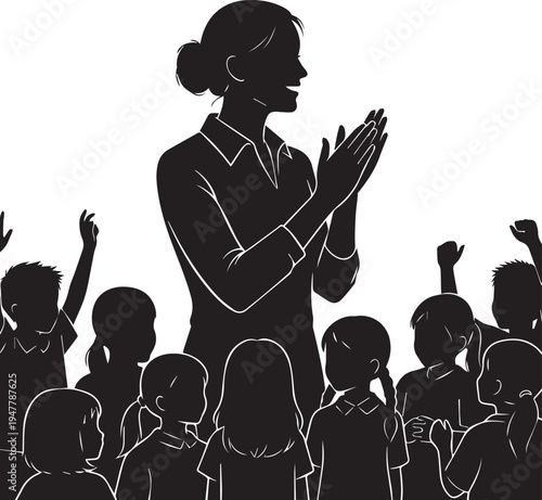 Female teacher clapping hands with group of students vector silhouette illustration design