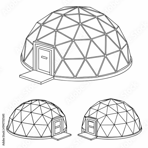 Vector illustration icons of geodesic dome structures in various stages of complexity on a white background