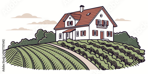 A white house with a red roof sits in a vineyard Vector