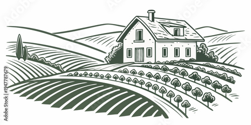 A house on a farm with rows of crops Vector