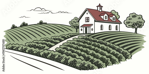 A white house with a red roof surrounded by a vineyard Vector