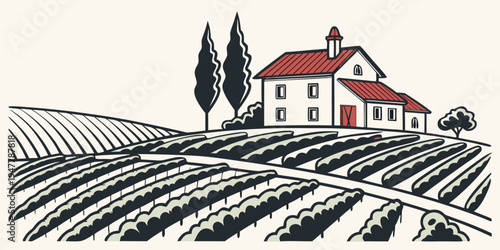 A house on a farm with rows of crops Vector
