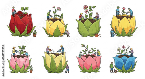 A whimsical collection of illustrations showcasing miniature gardeners diligently tending to various vibrant blooming flowers, symbolizing growth, care, and the nurturing process of nature