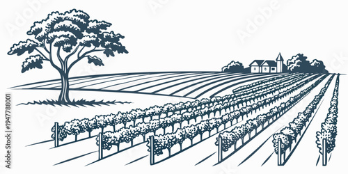 A blue illustration of a vineyard with a tree and buildings Vector