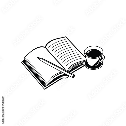 Black and white illustration of an open notebook with a pencil and a cup of coffee in hand drawn style vector art