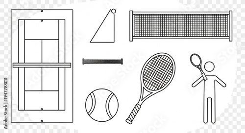 Tennis Equipment and Player Outline Illustration for Sports Design.