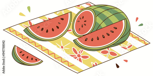 A watermelon cut into slices on a colorful mat Vector