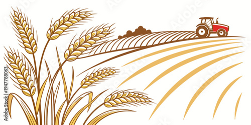 Tractor plowing through a golden wheat field Vector