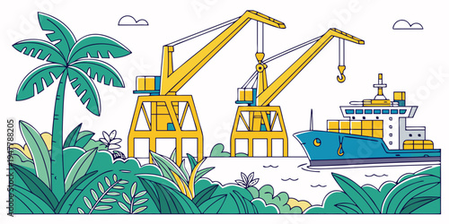 A large cargo ship is docked near two cranes Vector