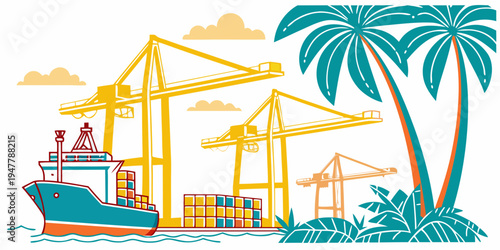 A cargo ship is docked at a port with cranes and palm trees Vector