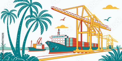 A cargo ship is docked at a port with a crane Vector