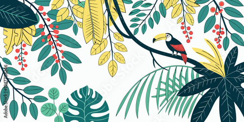 A colorful bird perched on a branch with tropical leaves and flowers Vector