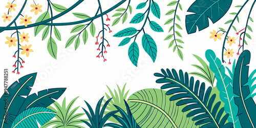 A lush arrangement of tropical leaves and flowers Vector