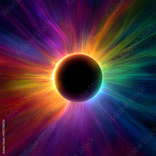 Black eclipse with rainbow neon light at the center and vibrant radiant clouds on a dark background
