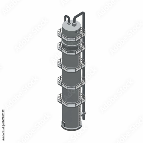 Isometric view of a tall industrial distillation column with platforms.