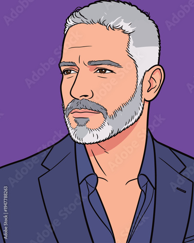 A man stands still with gray hair and a beard, dressed in a dark suit, facing the viewer with a neutral expression.