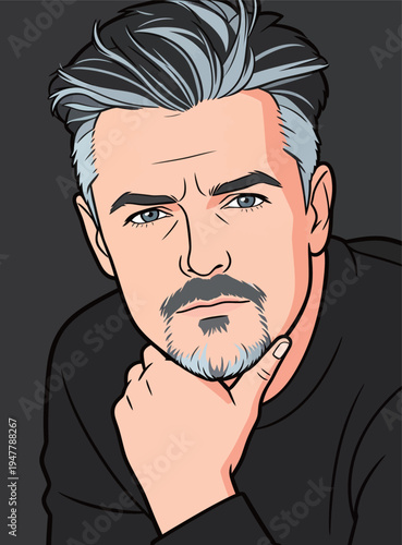 A man with gray hair and a beard rests his chin on his hand as he thinks. He wears a black shirt and shows a serious expression.