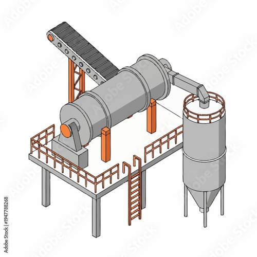 Isometric illustration of an industrial rotary dryer system with conveyor belt and cyclone separator.