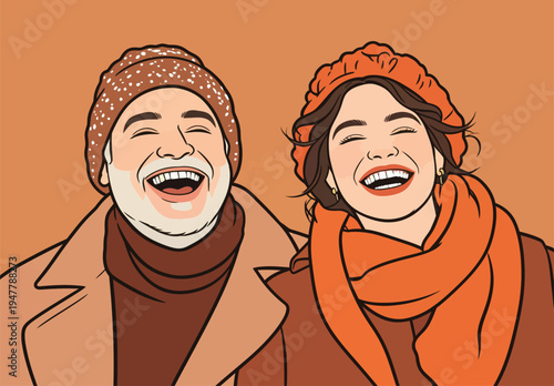 Two people share a happy moment while smiling widely. They are dressed in warm clothes, showing their enjoyment and connection.