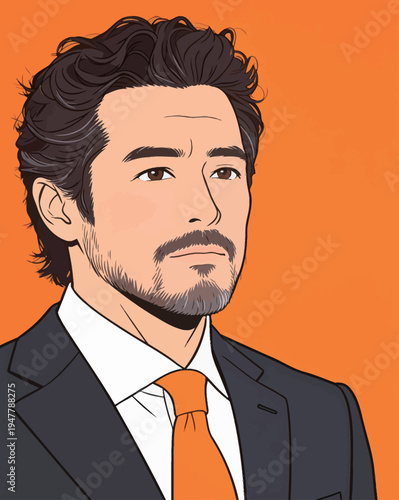 A man in a black suit and orange tie stands with a serious expression on his face. The background is orange.
